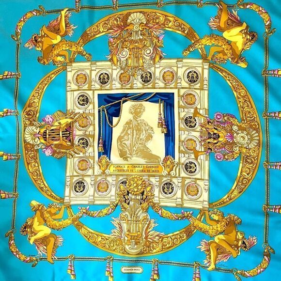 Vintage Hermes Paris Opera Garnier Baroque Silk Scarf, Turquoise Gold Lux 1483 - Picture 1 of 13